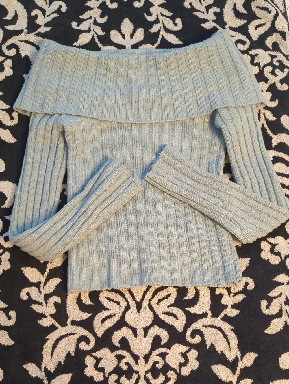Pink Rose Icey Blue Off-the-Shoulder Ribbed Knit Sweater Dramatic Vibe - S